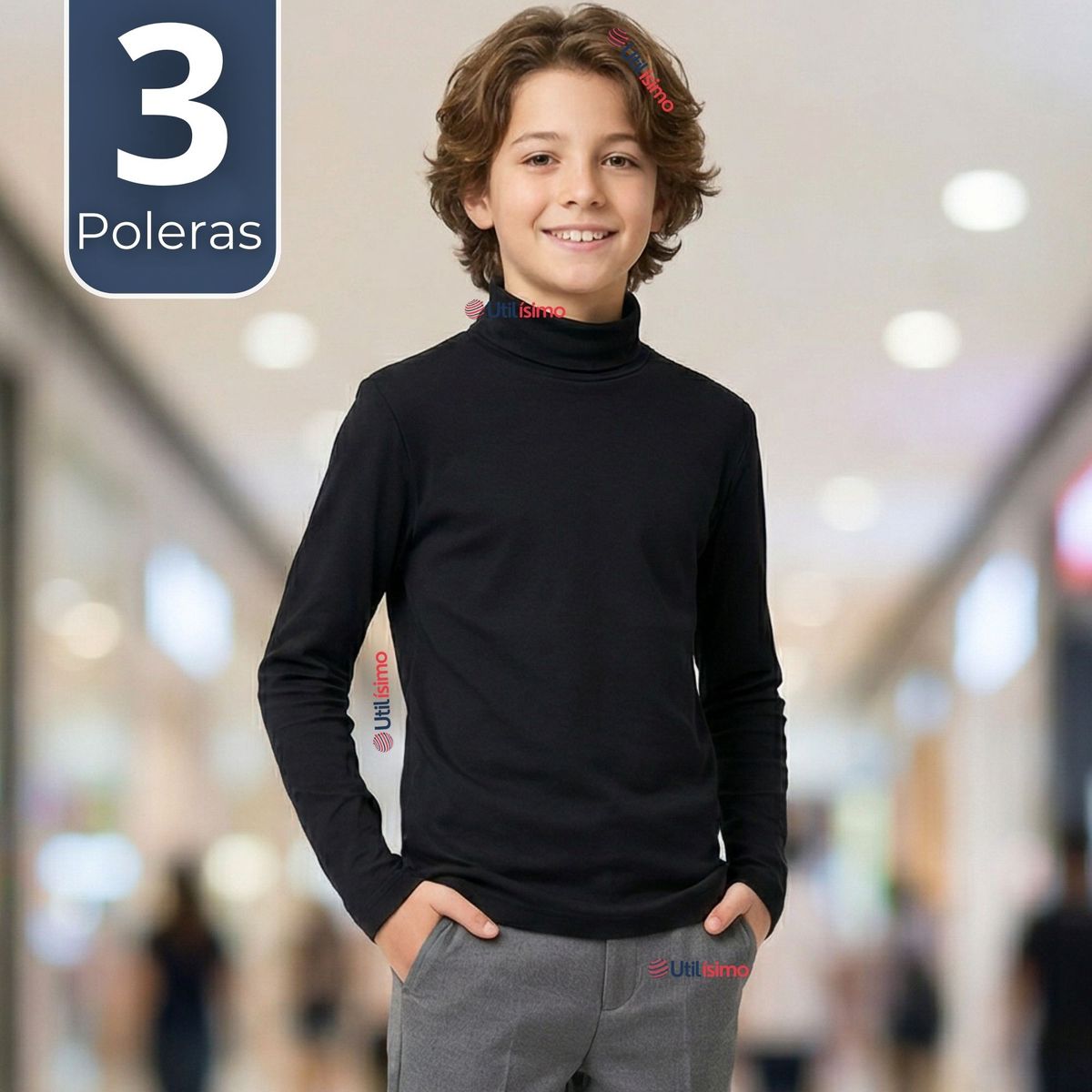 UTILISIMO - Pack 3 Poleras Camisetas Polar Negra Primera Capa Beatle Manga Larga Niño