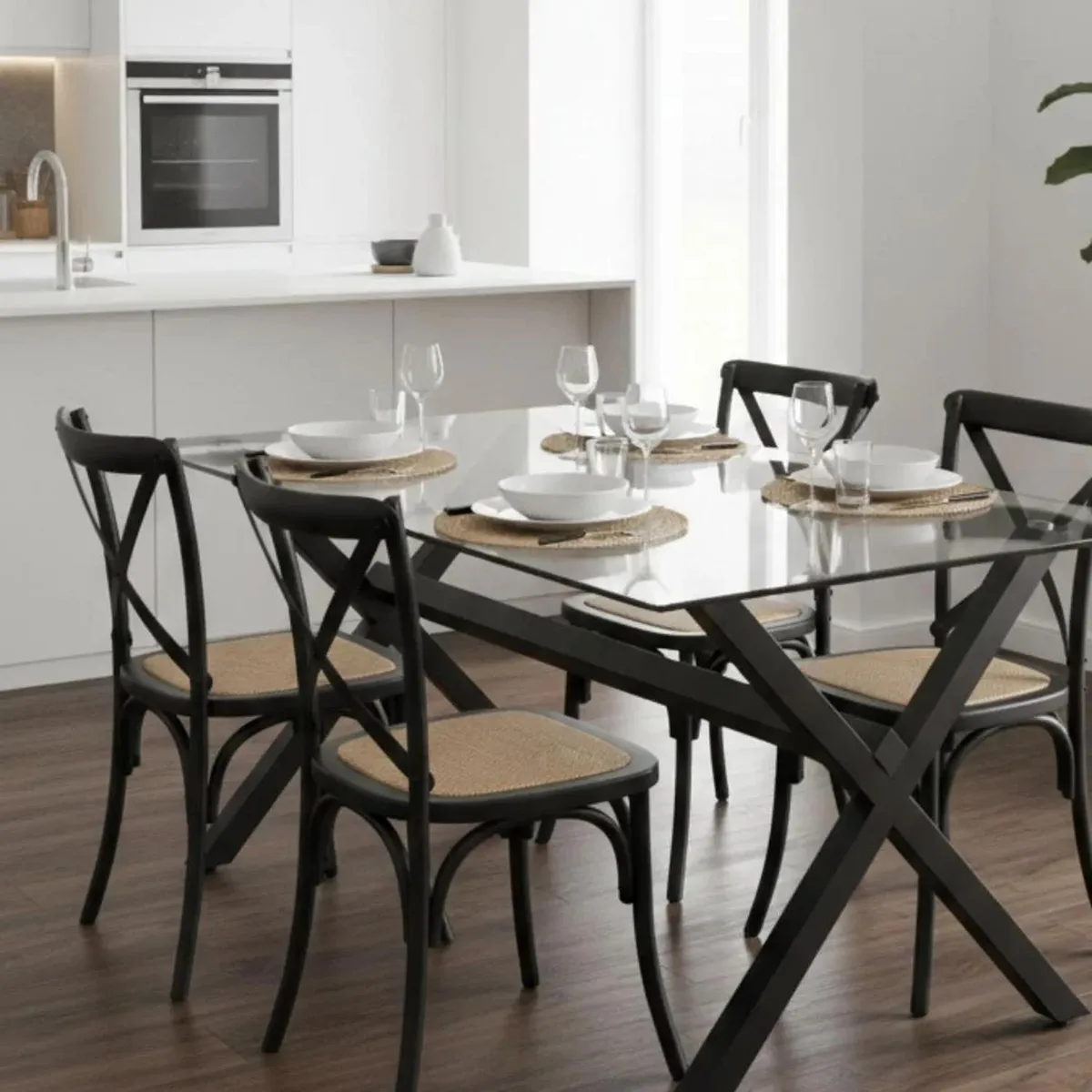 PANDALINO - Comedor Mesa Xinia Negro 130x80 cm + 4 Sillas Crossback Madera Negra