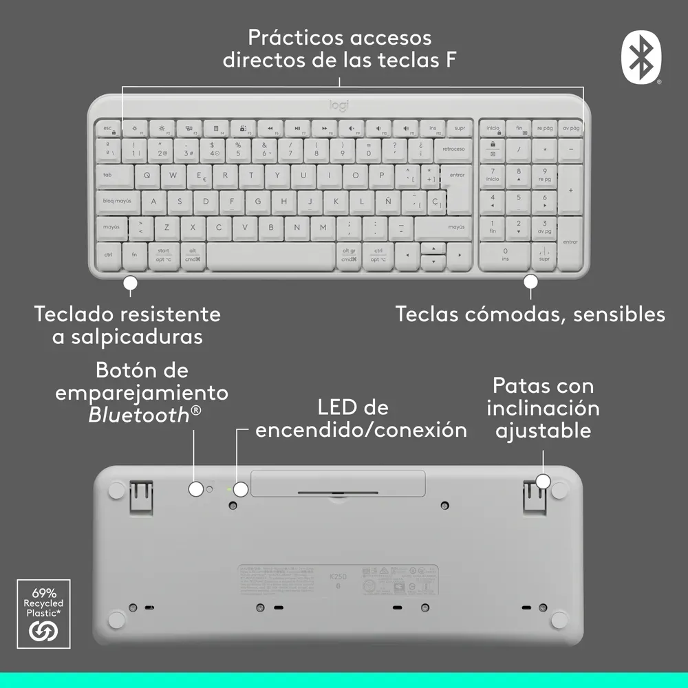 Teclado Inalámbrico Logitech K250 Workspace Blanco QWERTY Español Bluetooth