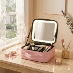 GENERICO - MALETIN PORTA MAQUILLAJES COLOR ROSA CON ESPEJO LED INTELIGENTE Y PORTA BROCHAS