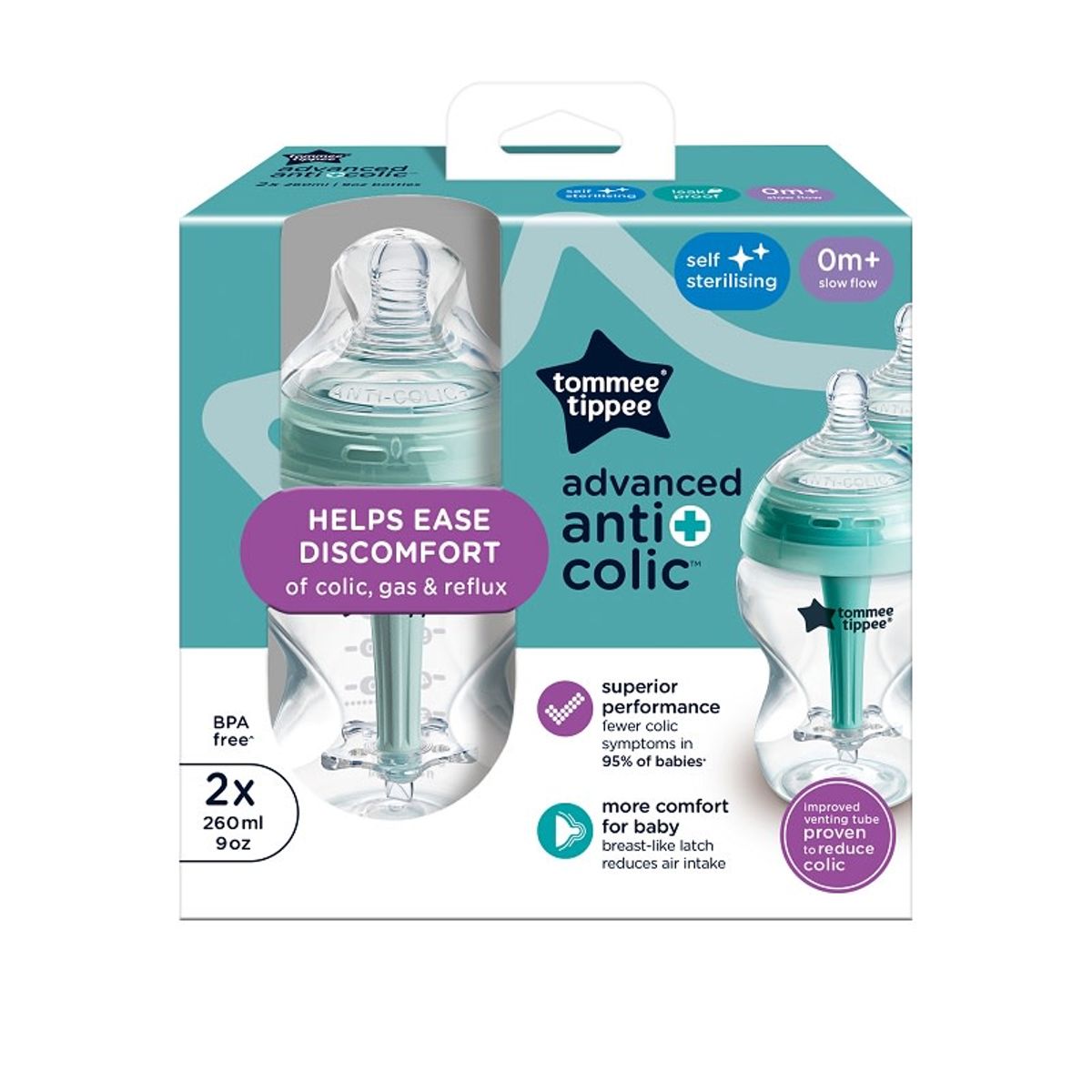 TOMMEE TIPPEE - PACK 2 MAMADERAS FLUJO LENTO 260ML ADVANCE ANTICOLIC 0 MESES+
