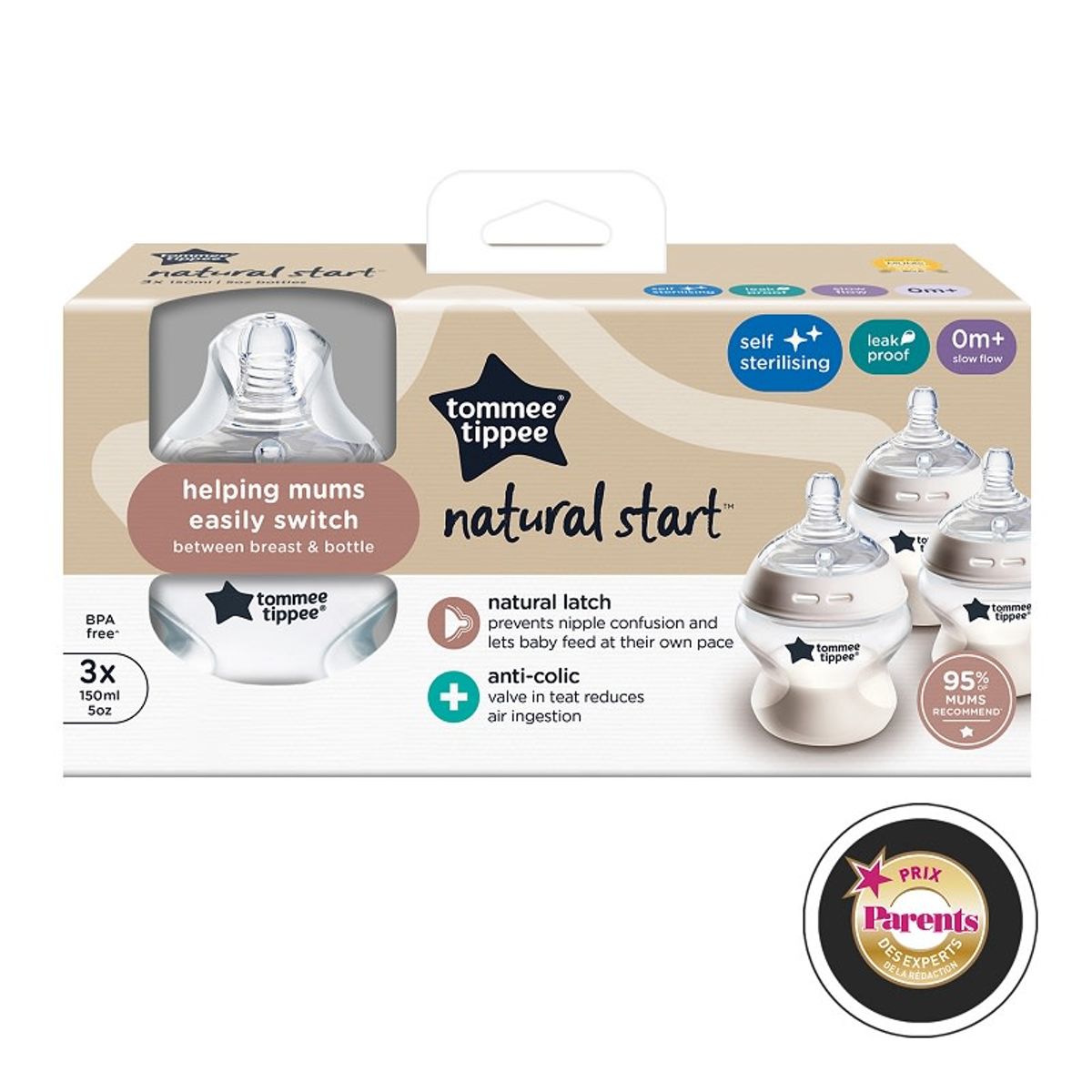 TOMMEE TIPPEE - Pack 3 Mamaderas Natural Start 150ml