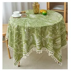 ALMA & DECO - Mantel Redondo Mod. Crudo y Verde Olivo Flecos 140 cm Diámetro Grueso