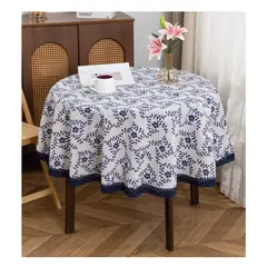 ALMA & DECO - Mantel Redondo Mod. Broderie Azul 140 Cm Diámetro Grueso