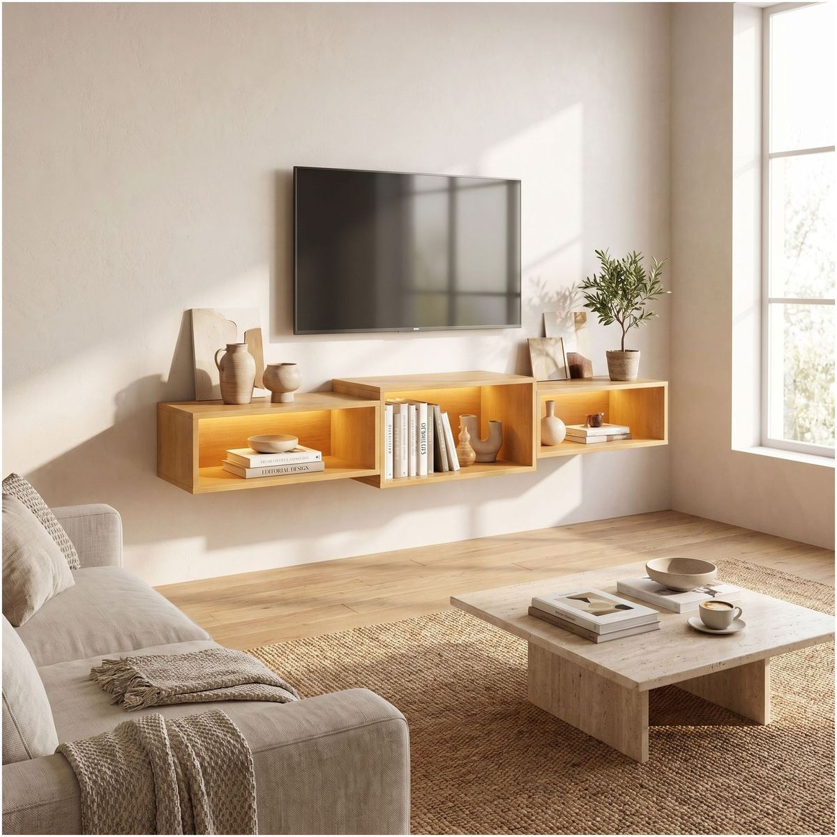 HOMER DESIGN - Rack Tv Flotante 120x28x15cm Con Luz Variable Pasacables