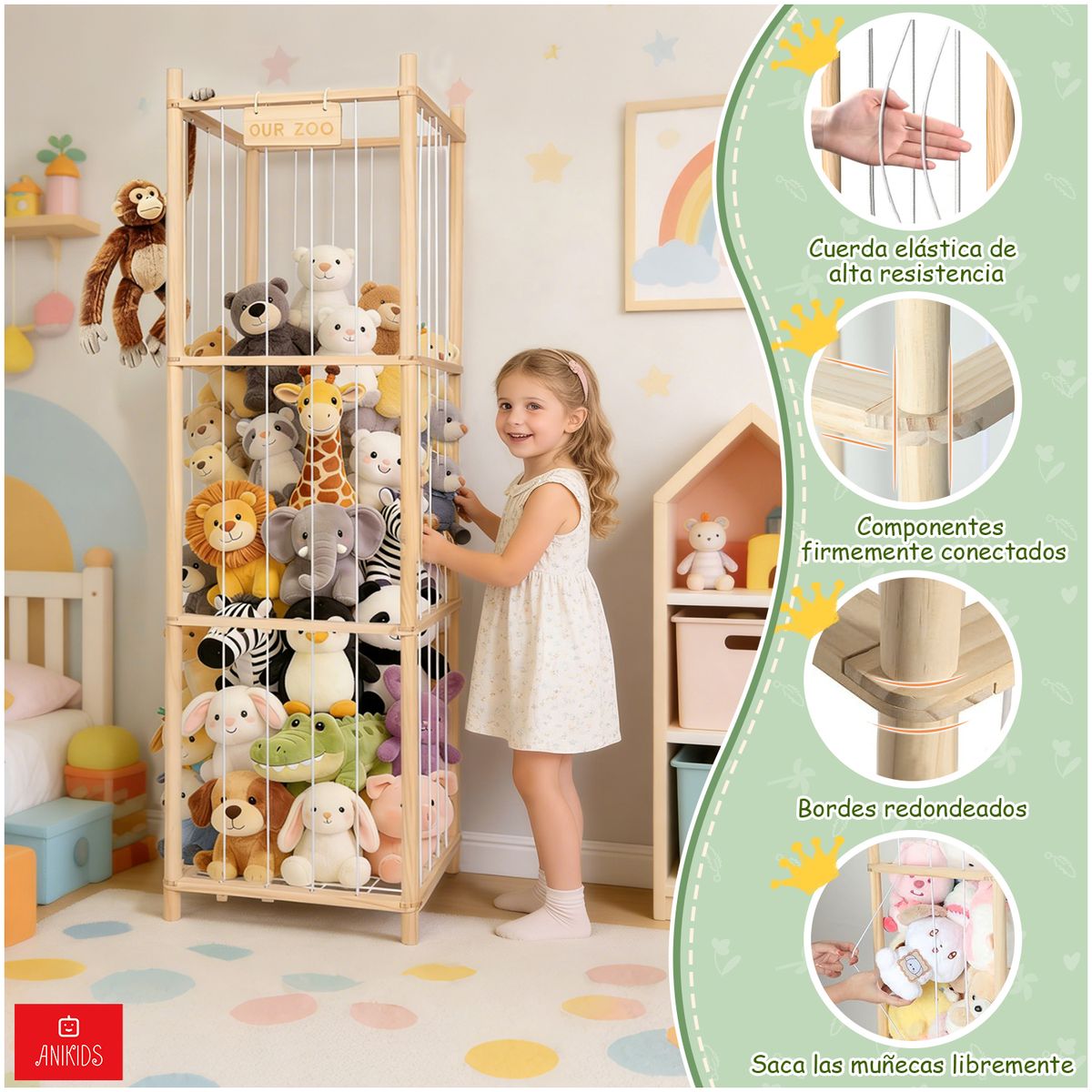 ANIKIDS - Organizador De Juguetes Peluche Estante Infantil De Madera 39x39x136cm