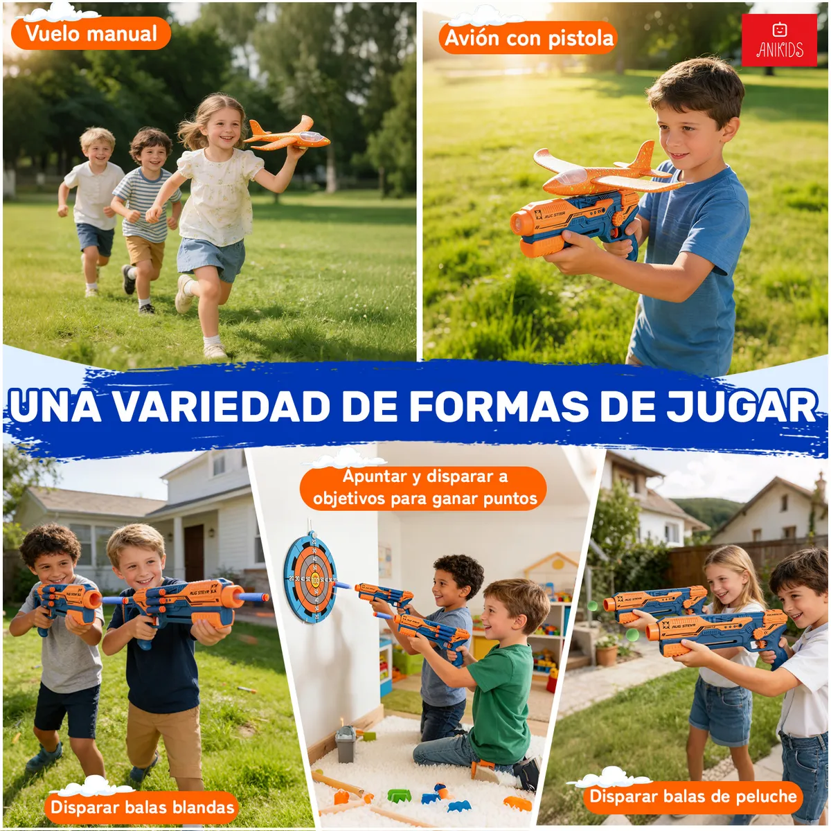 ANIKIDS - Set Pistola Juguete Niños Lanza Avión Planeador Con Blanco