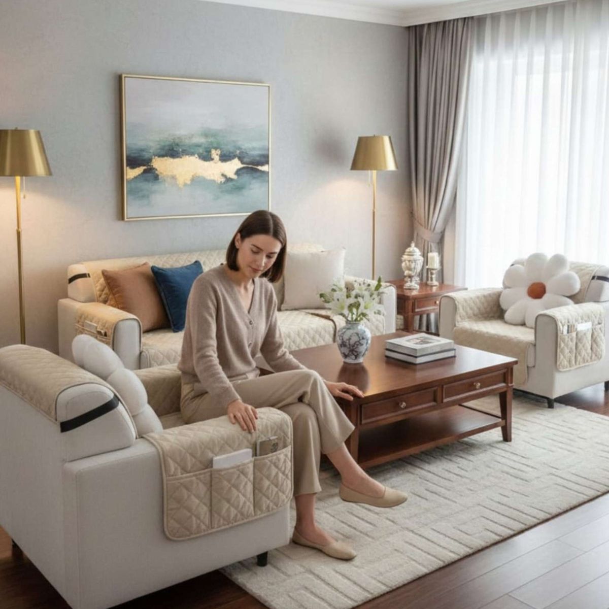 GENERICO - SET CUBRE SILLON DE TRES PIEZAS REVERSIBLE IMPERMEABLE CON BOLSAS