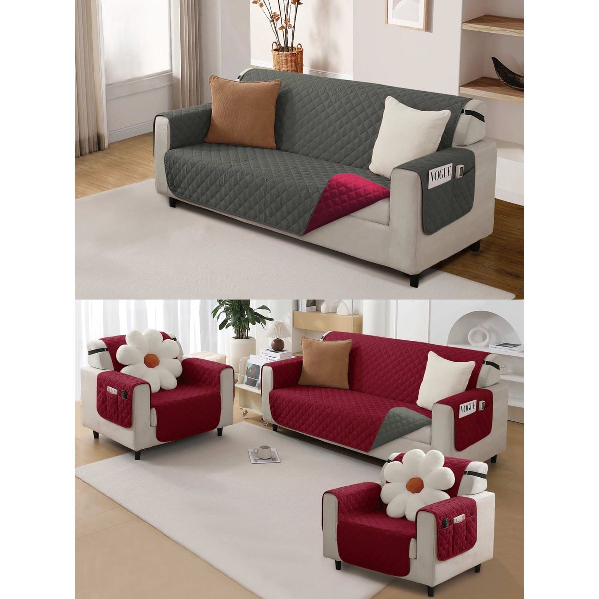 GENERICO - SET CUBRE SILLON DE TRES PIEZAS REVERSIBLE IMPERMEABLE CON BOLSAS