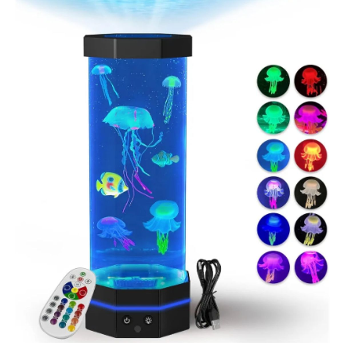 GENERICO - Lampara Decorativa Medusas Luz Led 16 Colores+control Remoto Negro Transparente