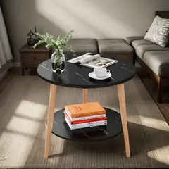 GENERICO - Mesa De Centro Redonda 2 Nivele Blanco 60cm Auxiliar Color Negro - 300037