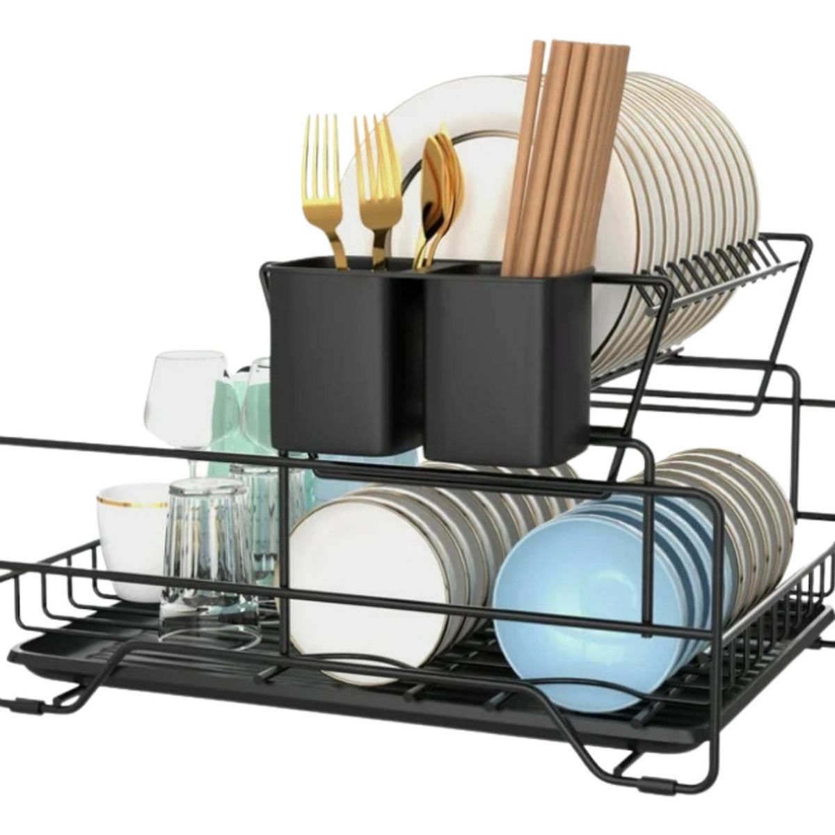 GENERICO - Secaplatos 2 Niveles Con Bandeja Removible Negro Santu Home & Deco