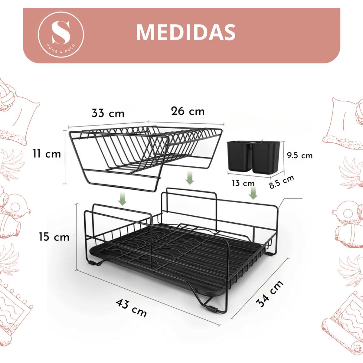 GENERICO - Secaplatos 2 Niveles Con Bandeja Removible Negro Santu Home & Deco