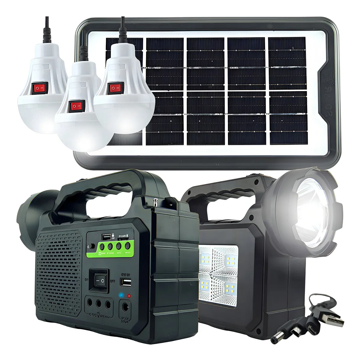 GENERICO - Kit Solar Camping Ampolletas Led Fm Radio Bluetooth 5000 Mah Color Negro - 220119