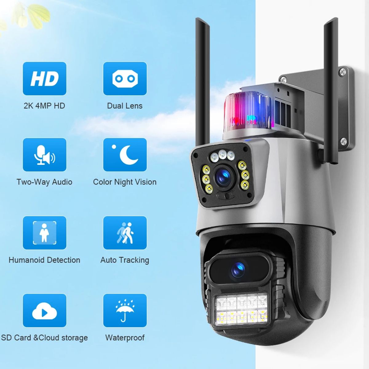 GENERICO - Cámara Vigilancia Wifi Exterior 2k 4mp Doble Lente Alarma Color GRIS - 221081