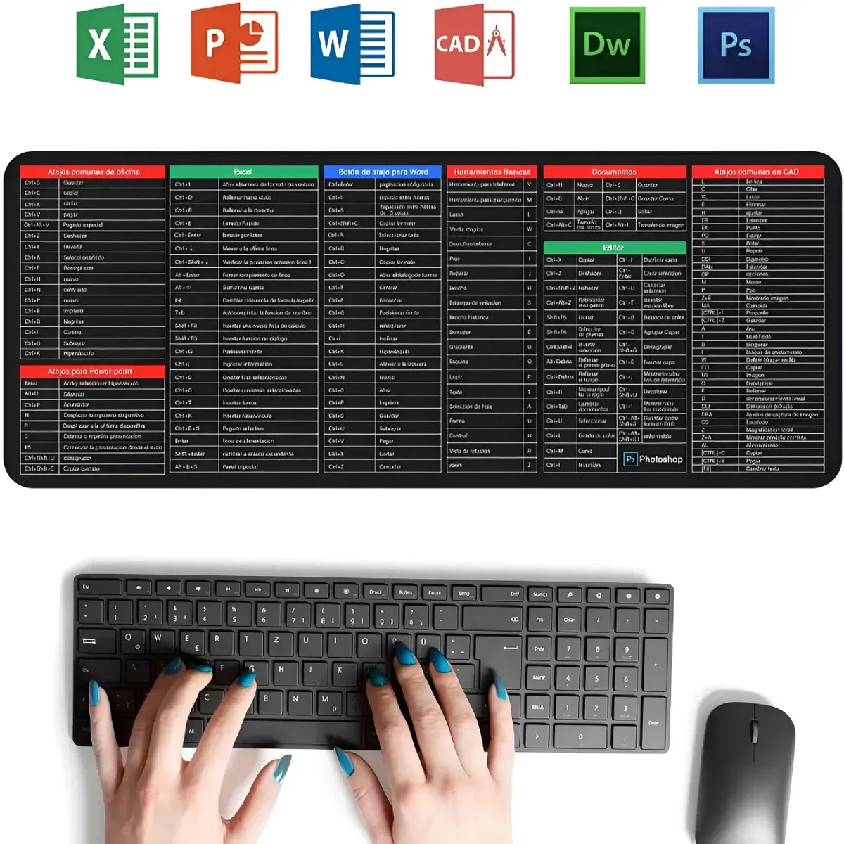 GENERICO - Mousepad Alfombrilla Escritorio Atajos Ofimática 40x89cm