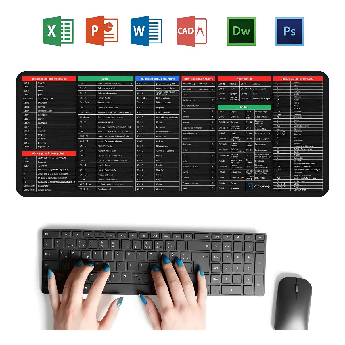 GENERICO - Mousepad Alfombrilla Escritorio Atajos Ofimática 40x89cm