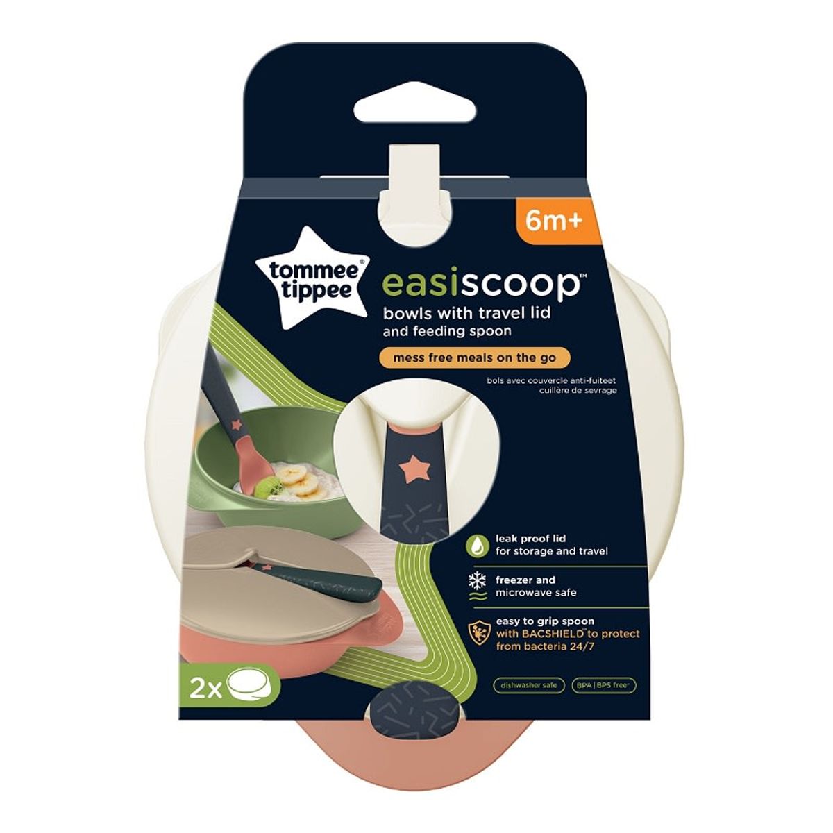 TOMMEE TIPPEE - SET 2 BOWL POCILLOS MAS CUCHARA Y TAPA PARA BEBÉ EASYSCOOP 6 MESES+