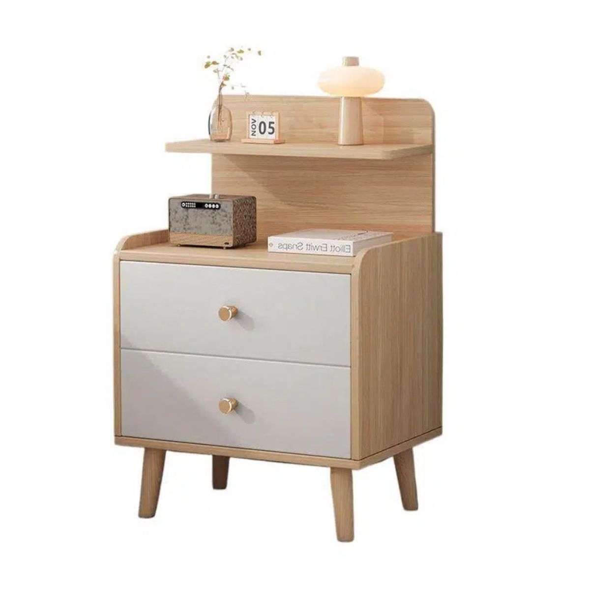 Velador 2 Cajones Mesa De Noche Color Madera Clara Multiuso, marca RIOVEO - Foto Principal