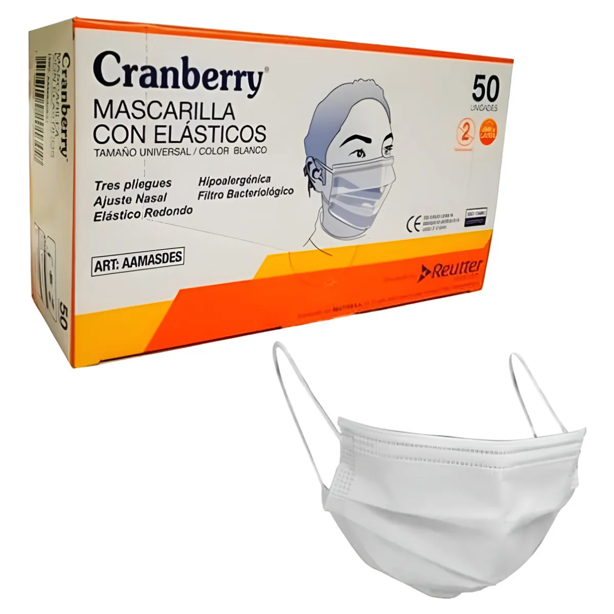GENERICO - Mascarilla 3 Pliegues Con Elásticos Cranberry Caja 50 Un Color Blanco
