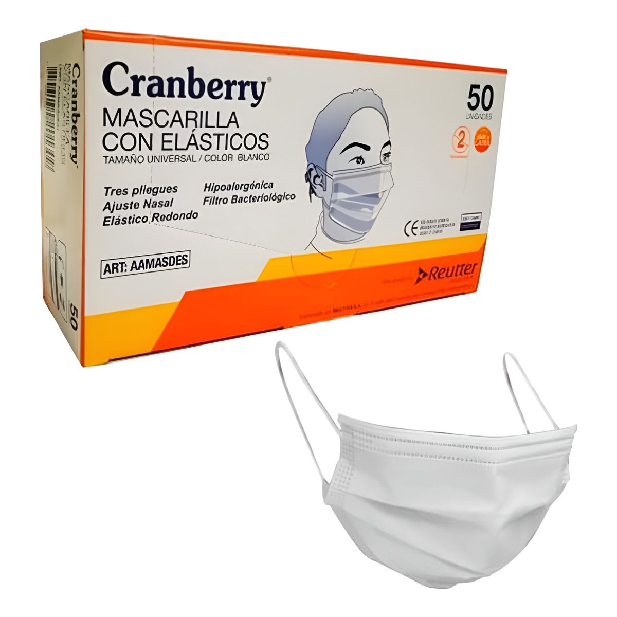 GENERICO - Mascarilla 3 Pliegues Con Elásticos Cranberry Caja 50 Un Color Blanco