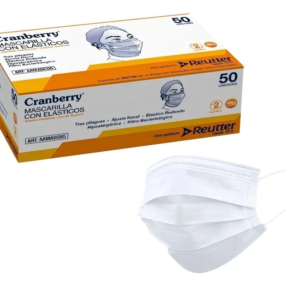 GENERICO - Mascarilla 3 Pliegues Con Elásticos Cranberry Caja 50 Un Color Blanco