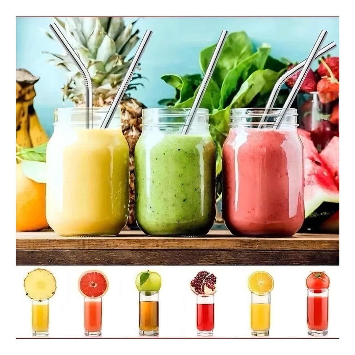 GENERICO - Set Bombillas Acero Mohits 8 Unidades Con 2 Cepillos 21.5cm Libre BPA