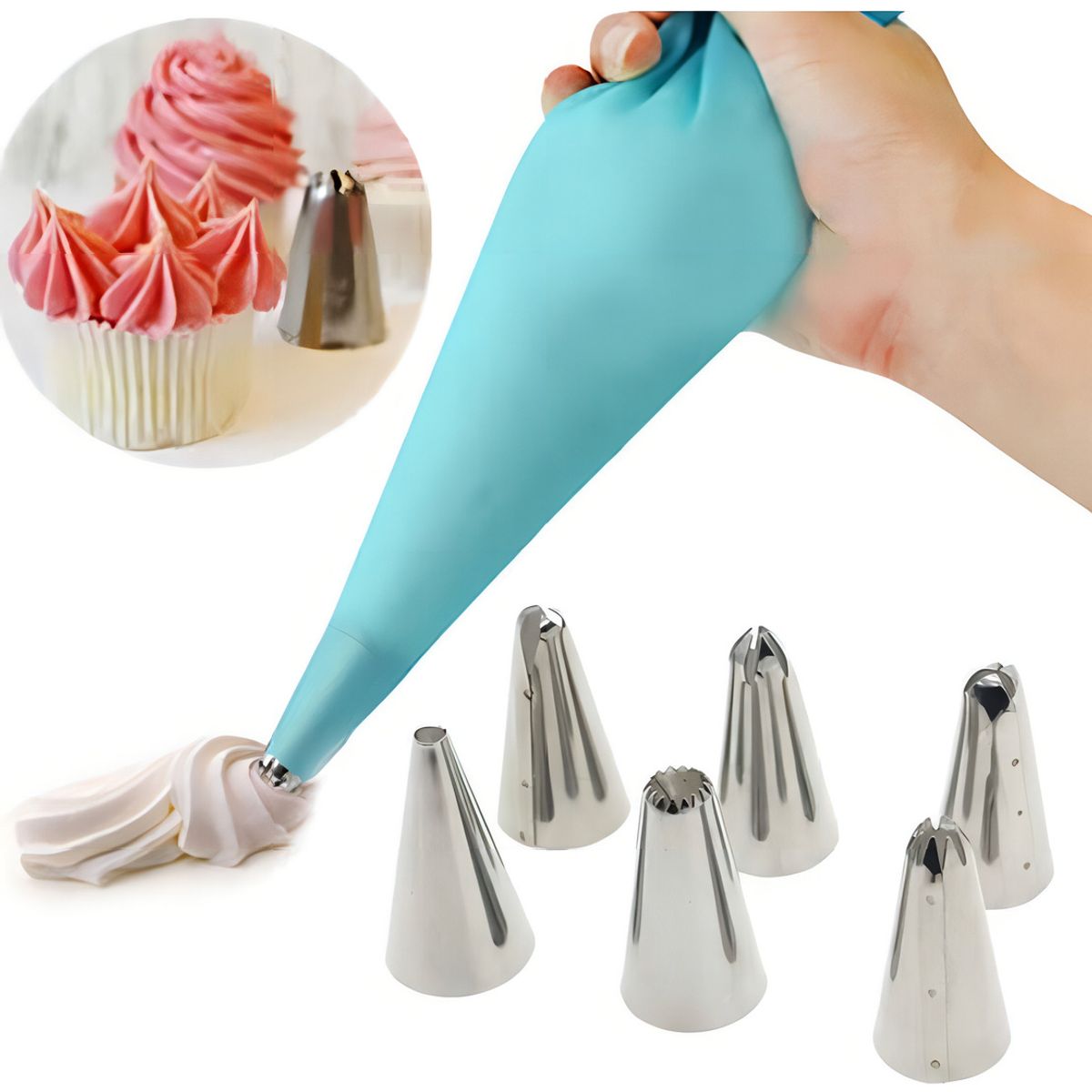 GENERICO - Manga Pastelera De Silicona + 6 Boquillas Acero Inoxidable