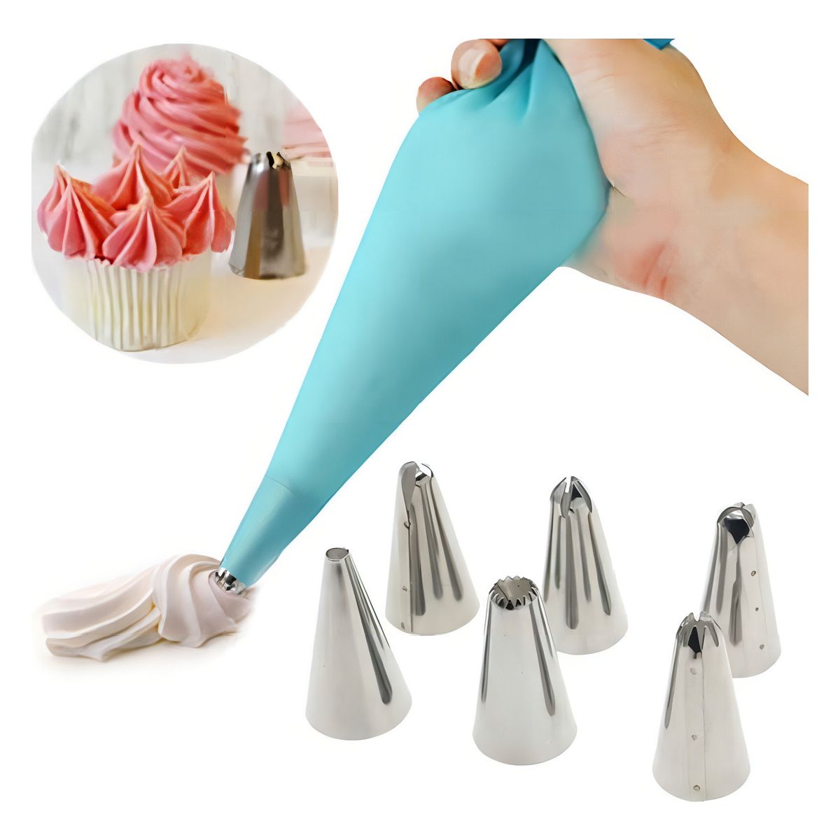 GENERICO - Manga Pastelera De Silicona + 6 Boquillas Acero Inoxidable