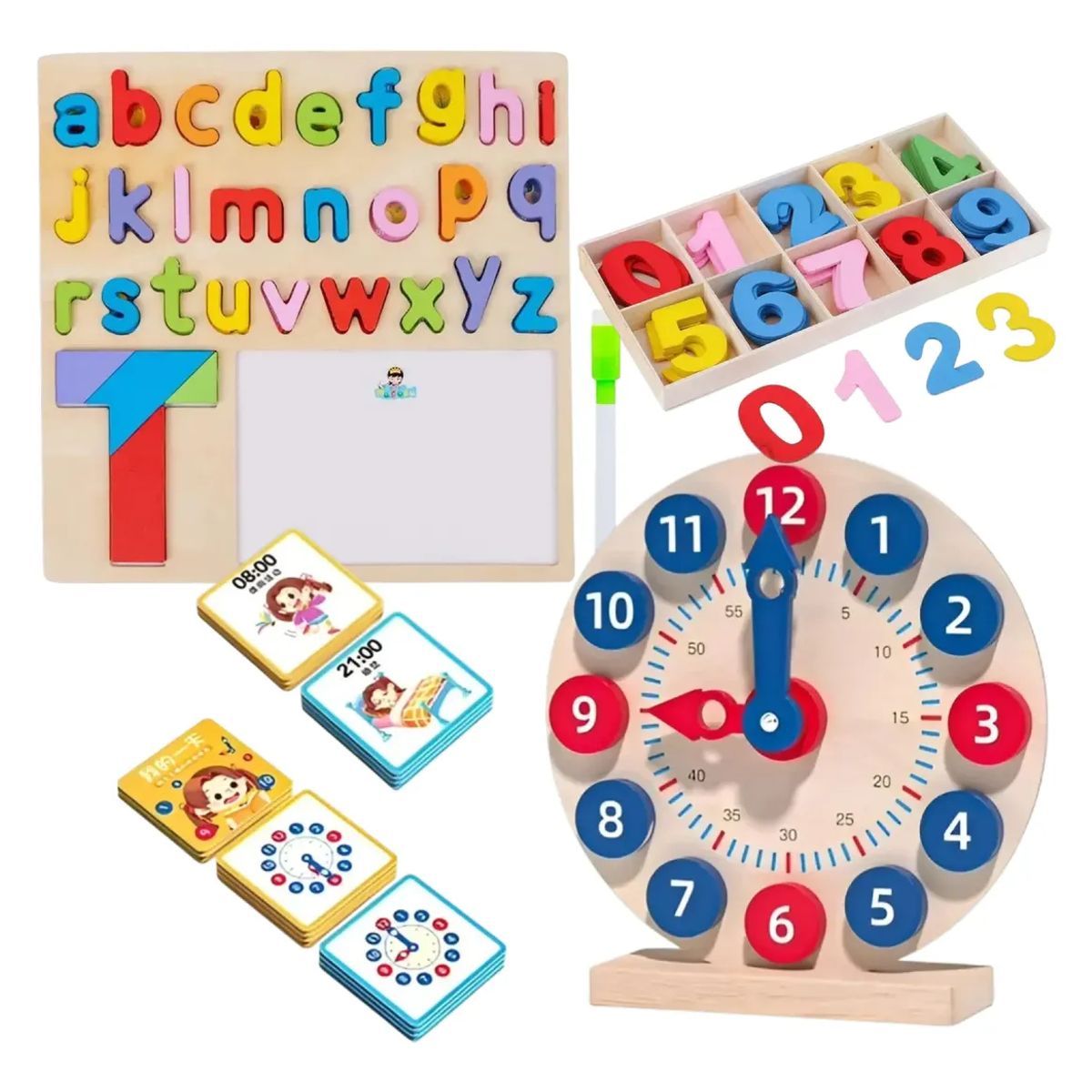 GENERICO - Kit Juegos Educativos Preescolar Aprendizaje Didáctico Multicolor Abecedario, Números, Reloj Madera