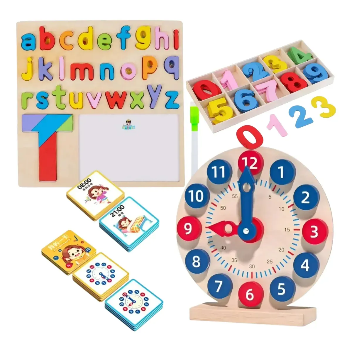 GENERICO - Kit Juegos Educativos Preescolar Aprendizaje Didáctico Multicolor Abecedario, Números, Reloj Madera