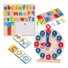 GENERICO - Kit Juegos Educativos Preescolar Aprendizaje Didáctico Multicolor Abecedario, Números, Reloj Madera