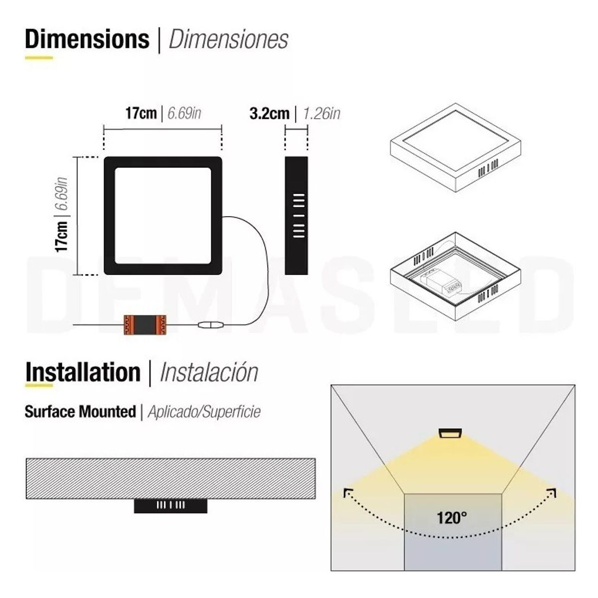 GENERICO - Foco Led 12w Cuadrado 17x17cm Negro Sobrepuesto Luz Cálida Estructura Blanco