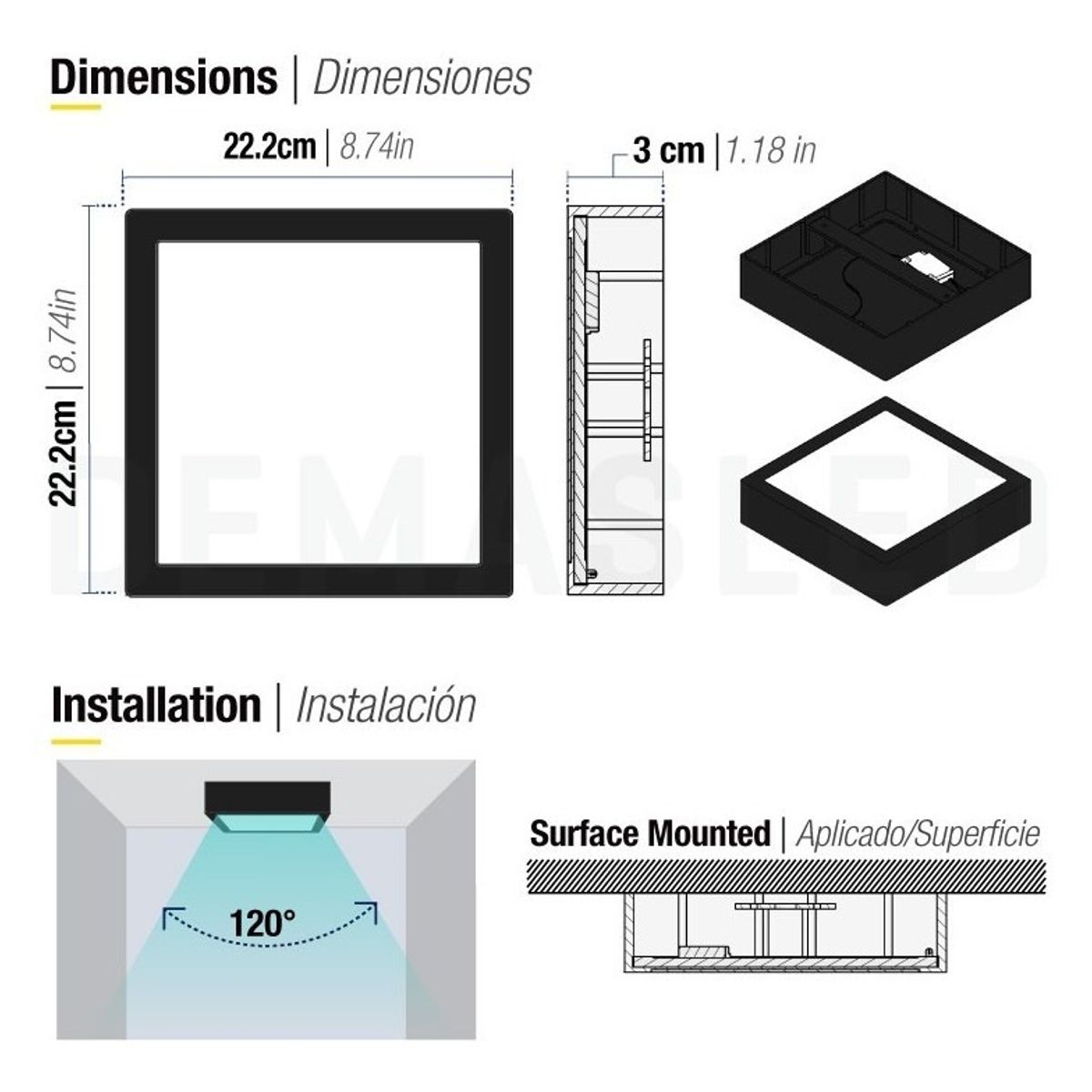 GENERICO - Foco Led Negro 18w Cuadrado Sobrepuesto 22x22cm Luz Fria 220