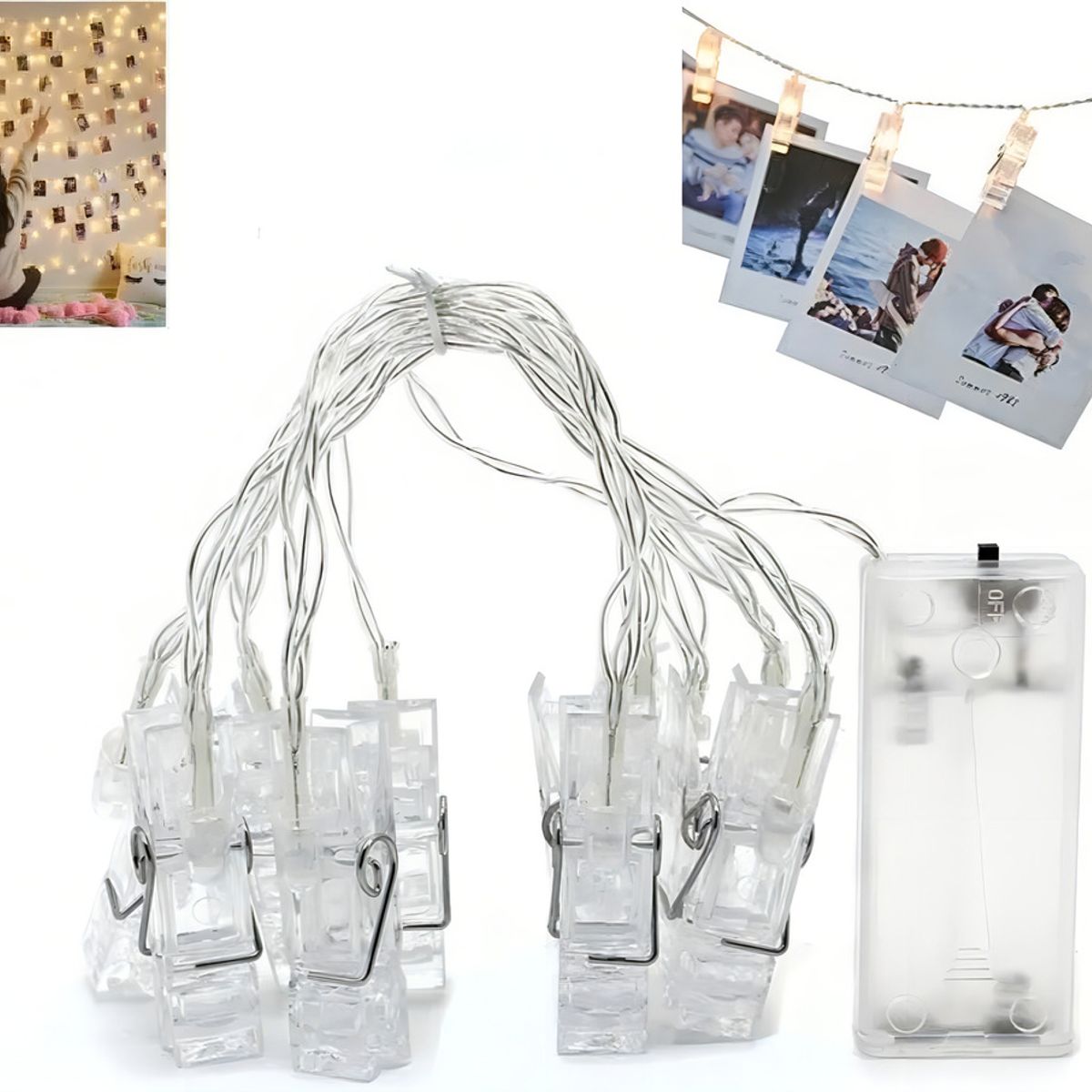 GENERICO - Guirnalda LED con Clips para Fotos 2m 10 Luces Cálidas a Pilas