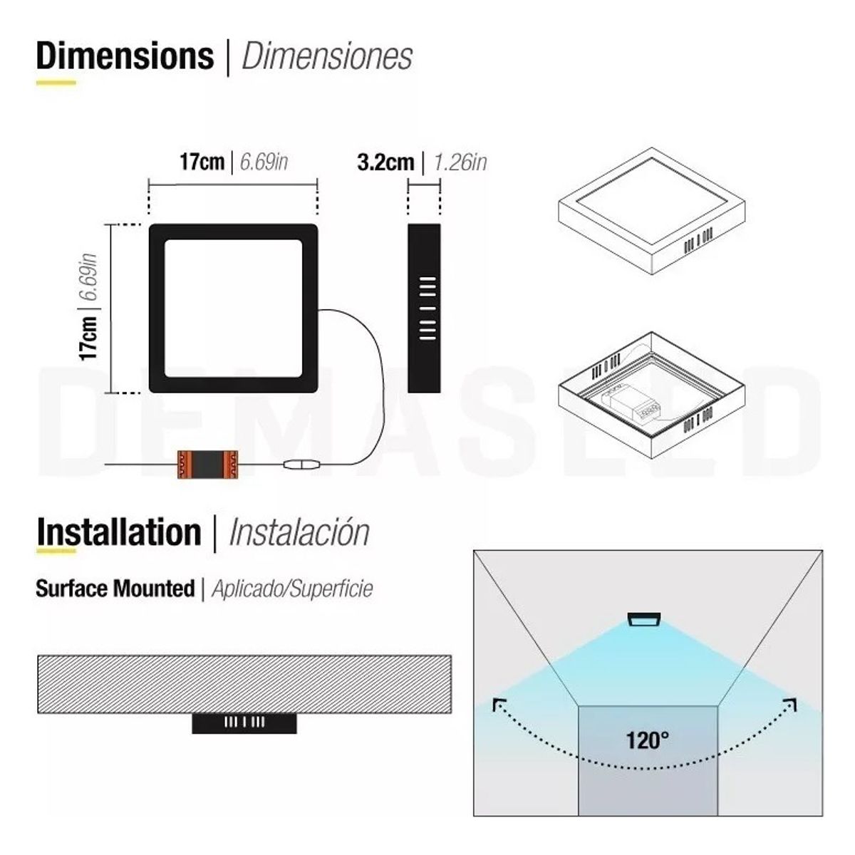 GENERICO - Foco Led 12w Cuadrado Negro 17x17cm Sobrepuesto Luz Fría Estructura Blanco