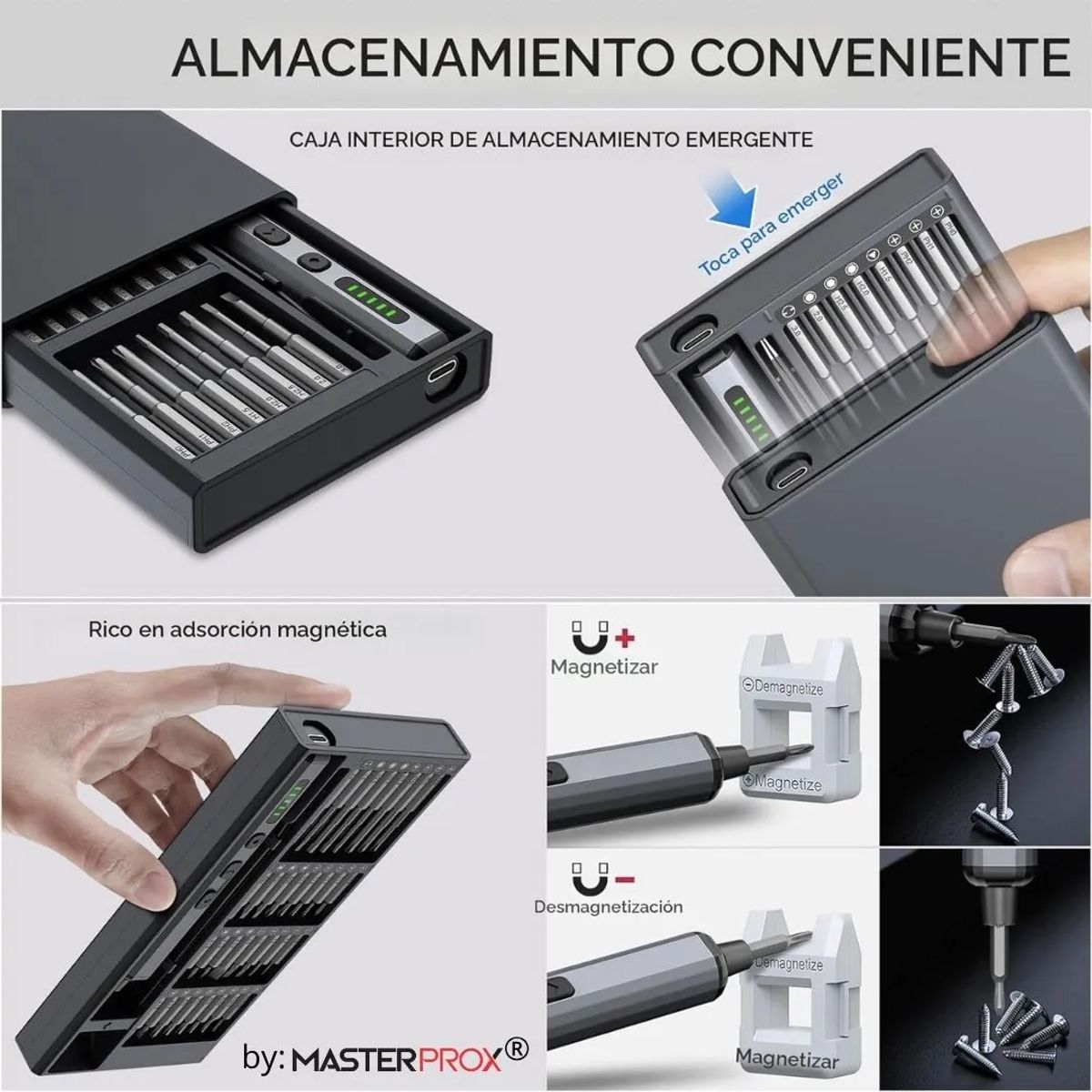 MASTER PROX - Mini Destornillador Y Atornillador Electrico Inalambrico Recargable 68 En 1 Puntas Magneticas Premium
