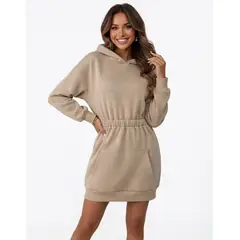 HAMI BOUTIQUE - Vestido de Invierno Beige con bolsillo y capucha