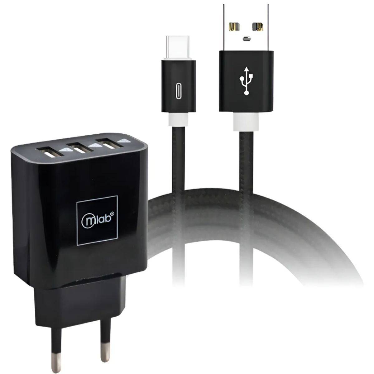 MLAB - Cargador De Pared 3 Usb Kit 2 En 1 Con Cable Tipo C Mlab Certificado Negro