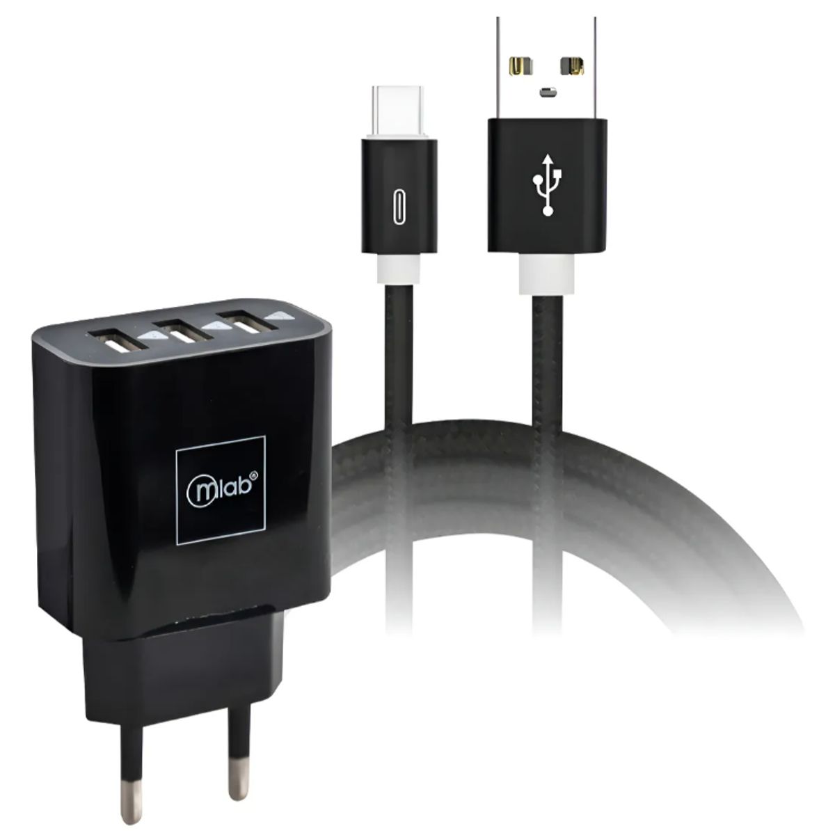 MLAB - Cargador De Pared 3 Usb Kit 2 En 1 Con Cable Tipo C Mlab Certificado Negro