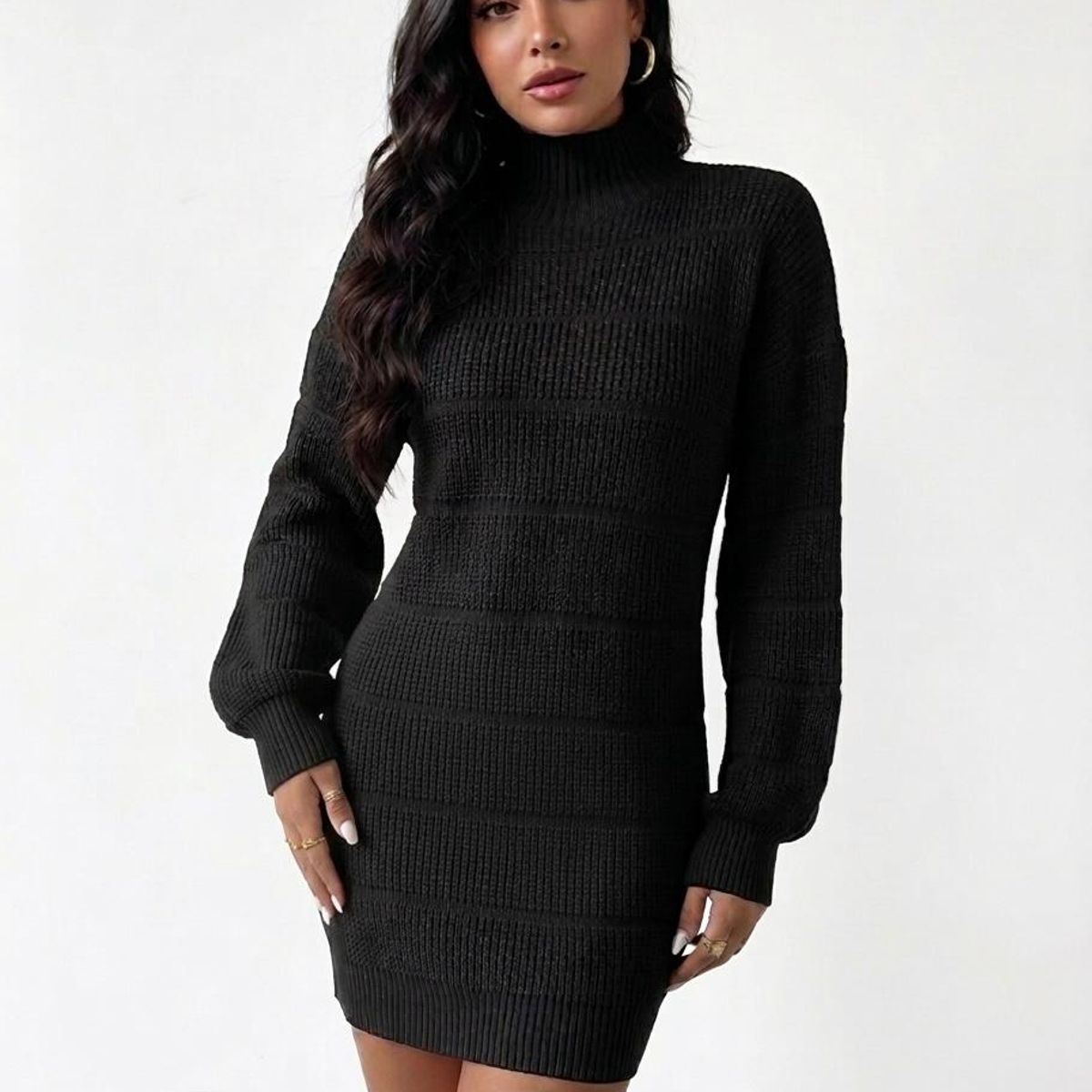 HAMI BOUTIQUE - Vestido de Invierno Lana Trenzada Negro con Cuello