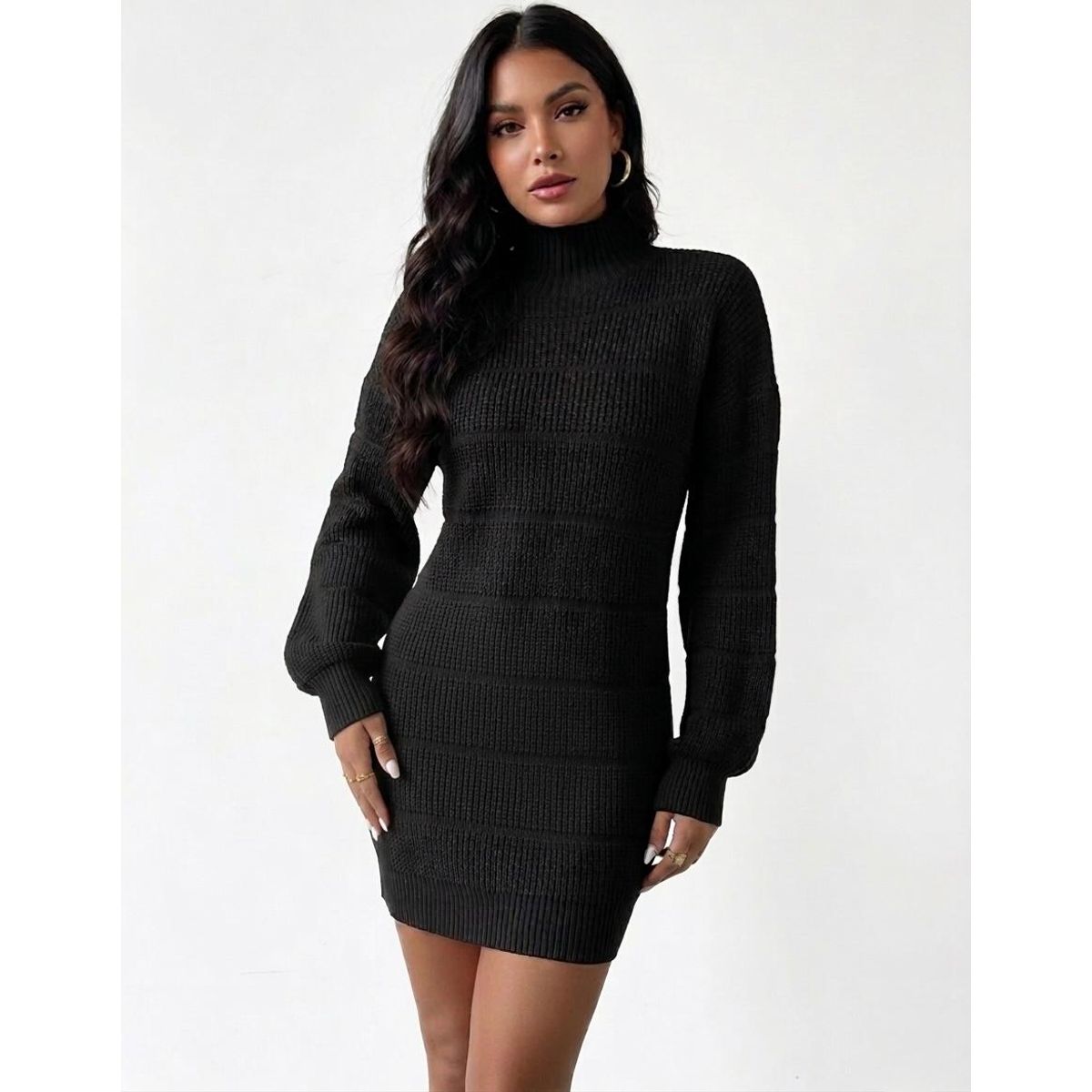 HAMI BOUTIQUE - Vestido de Invierno Lana Trenzada Negro con Cuello