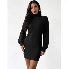 HAMI BOUTIQUE - Vestido de Invierno Lana Trenzada Negro con Cuello