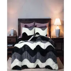 GENERICO - COBERTOR PELUDO 2 PLAZA CON CHIPORROS Y DISEÑO COLOR NEGRO CON GRIS