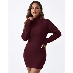 HAMI BOUTIQUE - Vestido de Invierno Lana Trenzada Burdeo con Cuello