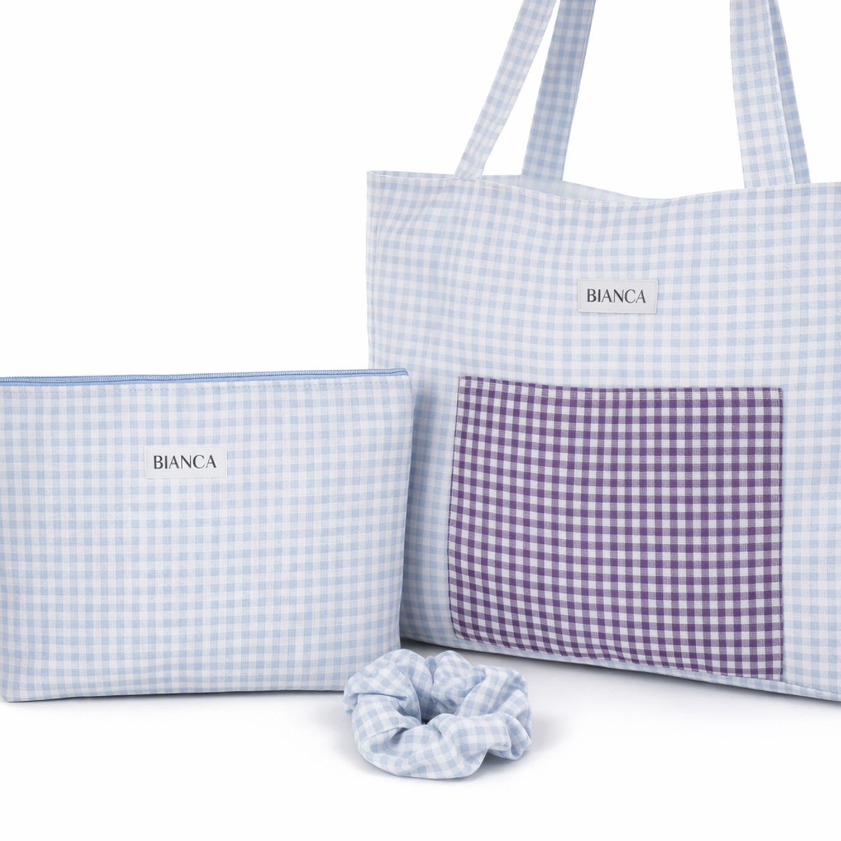 GENERICO - Set de Bolso Tote + Neceser + Scrunchie Cuadrille  Bolsa de Tela Estética y Práctica