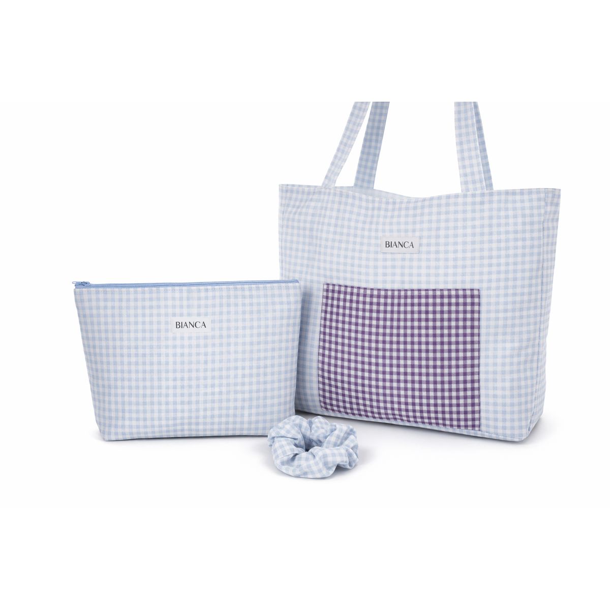 GENERICO - Set de Bolso Tote + Neceser + Scrunchie Cuadrille  Bolsa de Tela Estética y Práctica