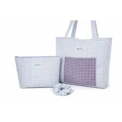 GENERICO - Set de Bolso Tote + Neceser + Scrunchie Cuadrille Bolsa de Tela Estética y Práctica