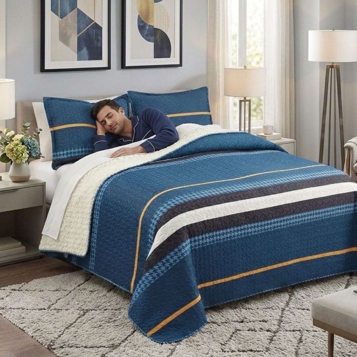 GENERICO - Cubrecama Quilt Con Sherpa 2 Plazas Diseño Elegante 230x250cm