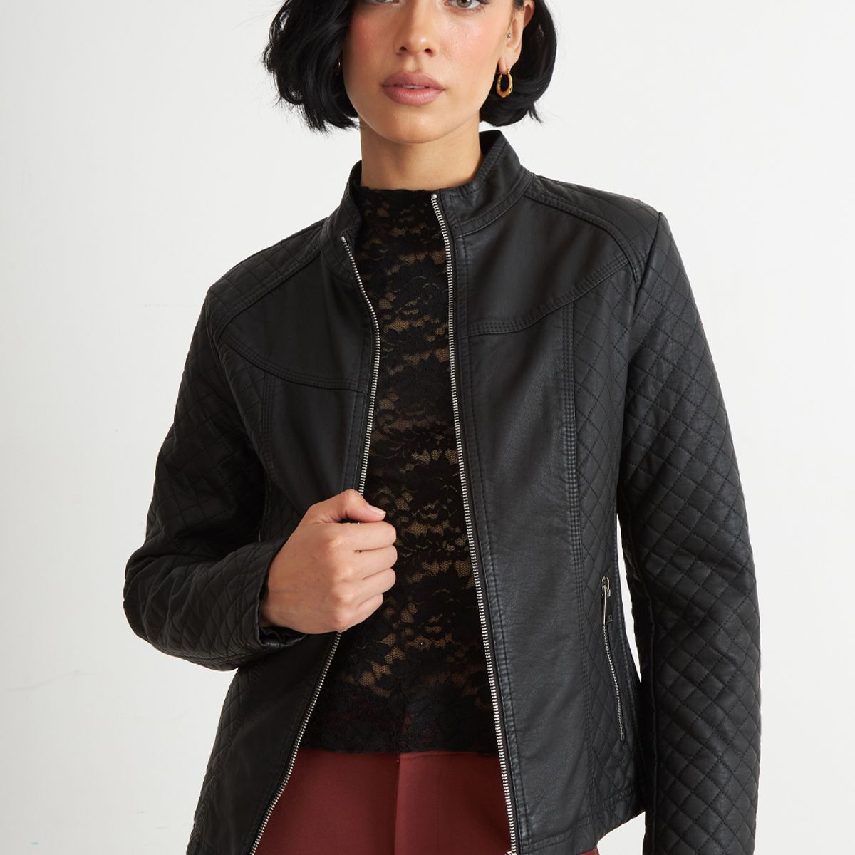 NICOPOLY - Chaqueta Ecocuero Acolchado Cuello Mao Negro Nicopoly